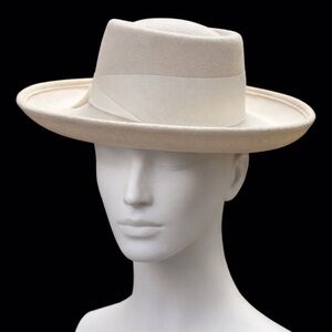 Ruth Shaw Fedora Hat White Felt Wide Brim Ribbon Bow Wool Vintage Size 7